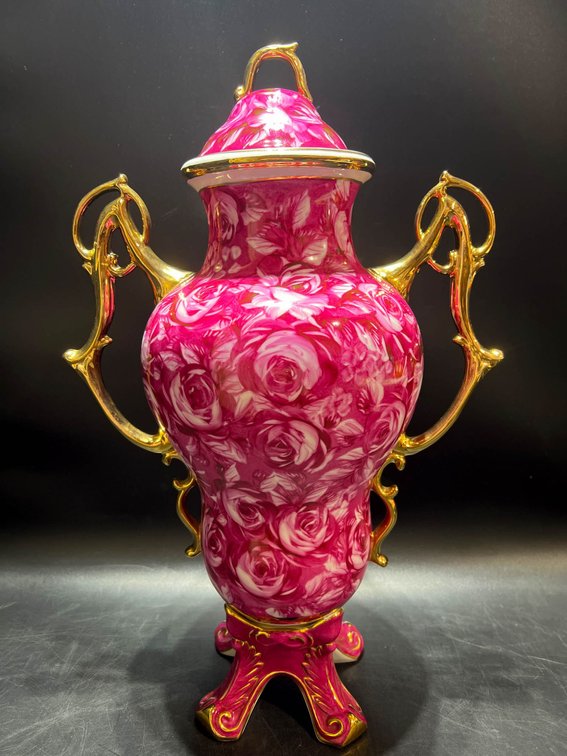 Handpainted Nippon Porcelain Vase with Pink Floral Design and Gold Accents