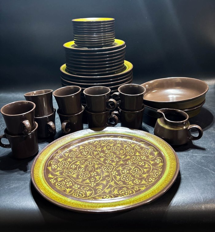 Brown and Green Stoneware Dinnerware Set with Floral Pattern, 44 Pieces