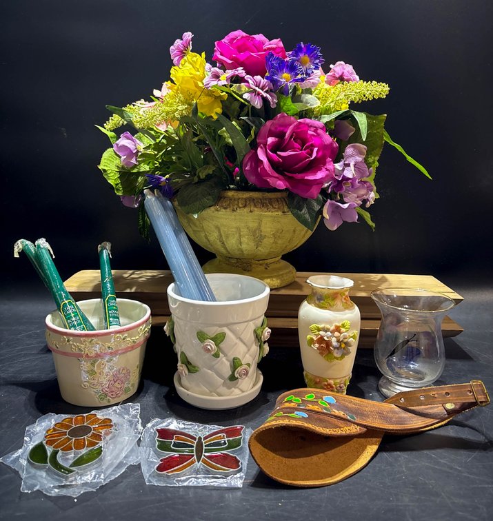 Decorative Lot with Floral Arrangements, Ceramic Pots, and Glass Decorations