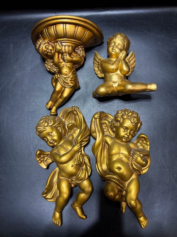 4 Gold-Colored Cherub Wall and Table Decor Pieces