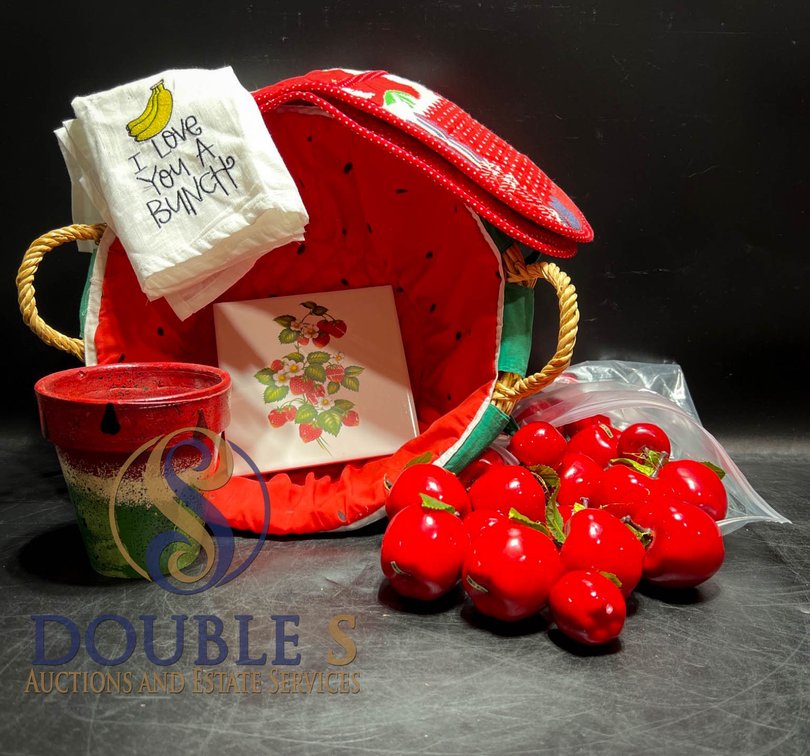 Decorative Basket, Faux Apples, Hyalyn Ceramic Tile, and Artwork Set
