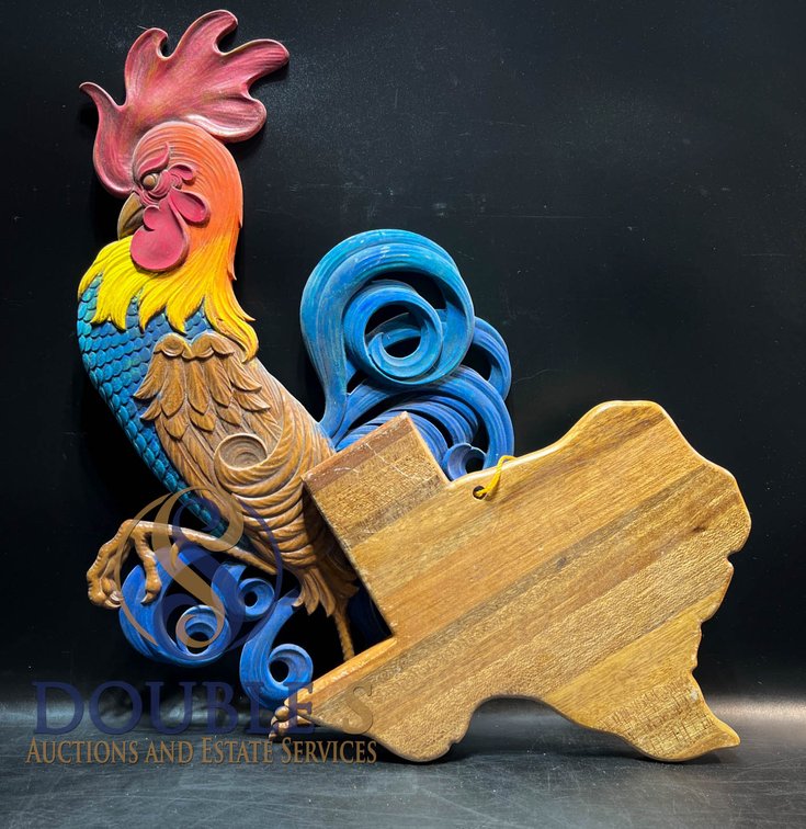 Colorful Metal Cast Rooster with Carved Mahogany  Texas Plaque