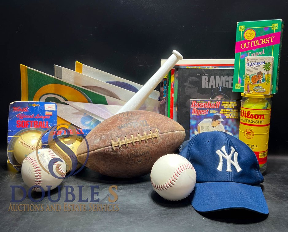 Sports Memorabilia Lot with Football, Baseballs, Hats, and Collectibles