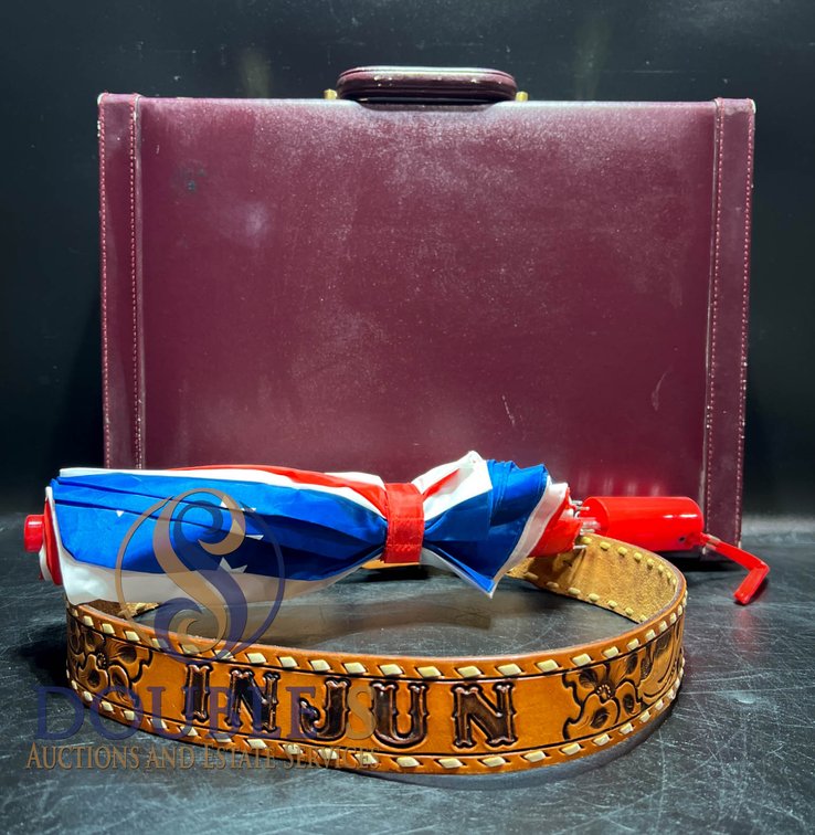17.5×13 Leather Briefcase, Engraved Belt, and Flag Umbrella