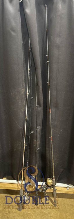Four Fishing Rods with Reels Including Zebco, Shakespeare, and Daiwa Models