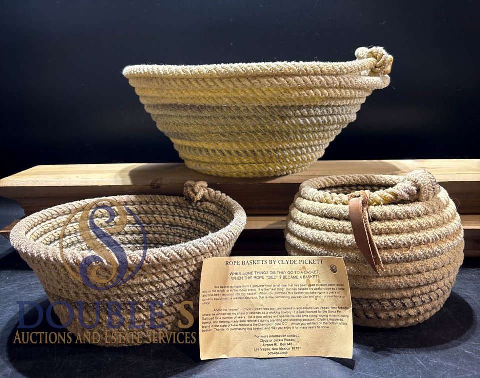 Three Rope Baskets by Clyde Pickett With Original Note