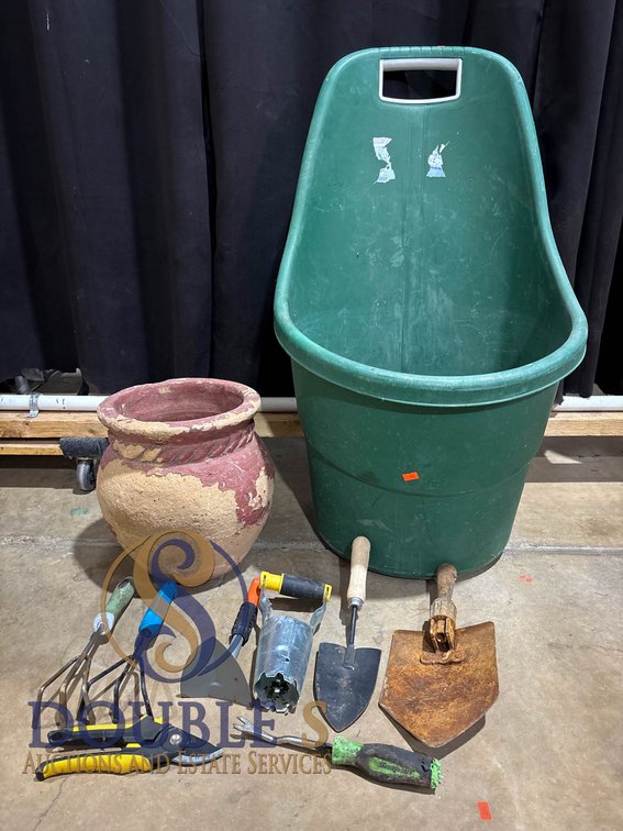 Gardening Tools with Green Yard Tote and Red Planter