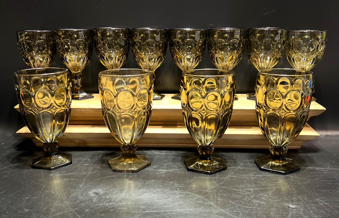 Amber-Colored Pressed Glass Goblets, Various Sizes