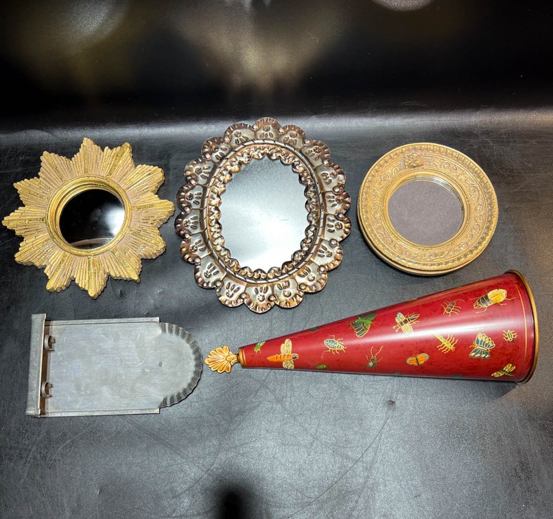 Decorative Mirror Set, Wall Sconce, and Hand-Painted Red Metal Wall Vase