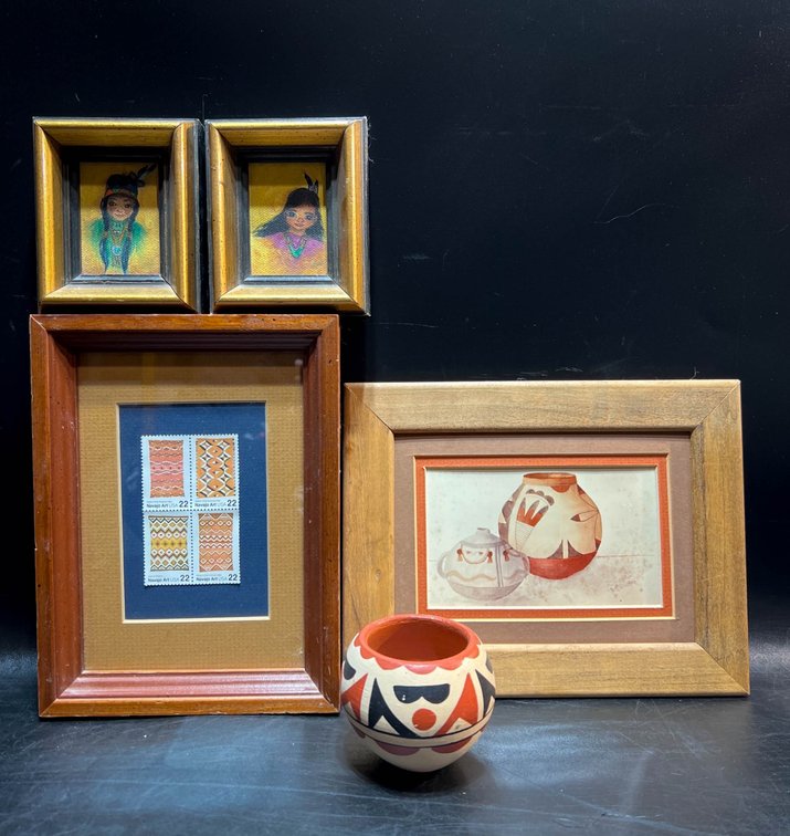 Framed Artwork and Small Native-Inspired Pottery Bowl