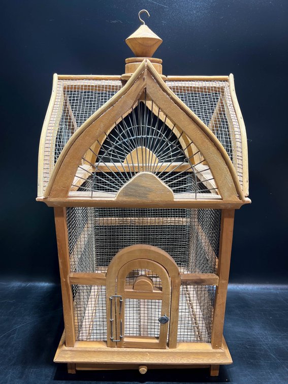 Wood and Wire Decorative Birdcage with Gothic-Style Roof Design