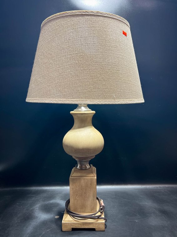 Table Lamp With Beige Shade and Wood Base, 33 Inches Tall