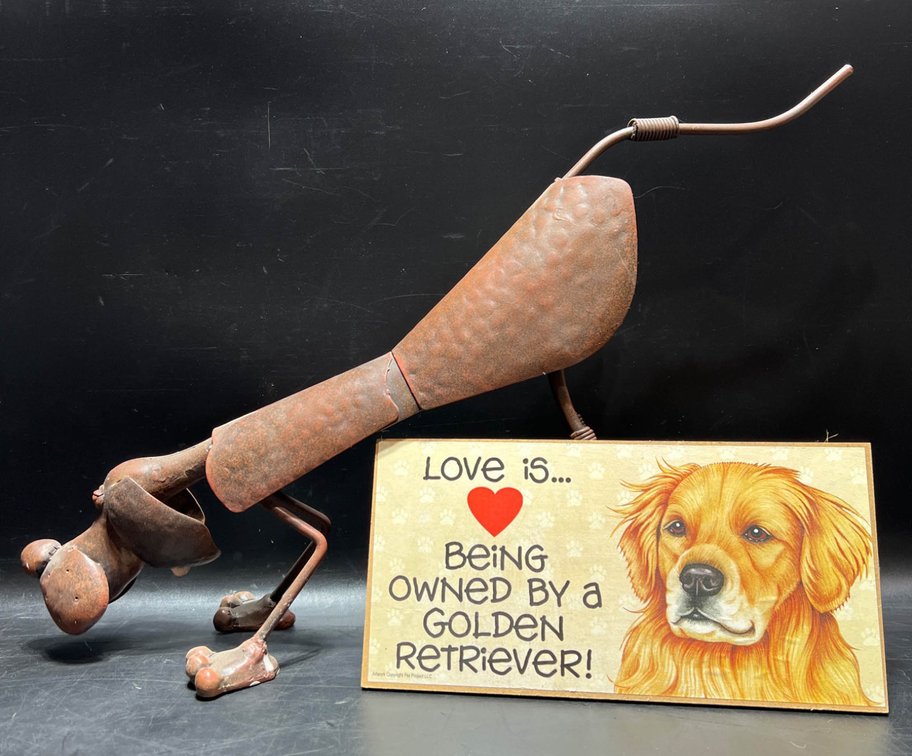 Metal Dog Sculpture and Golden Retriever Sign