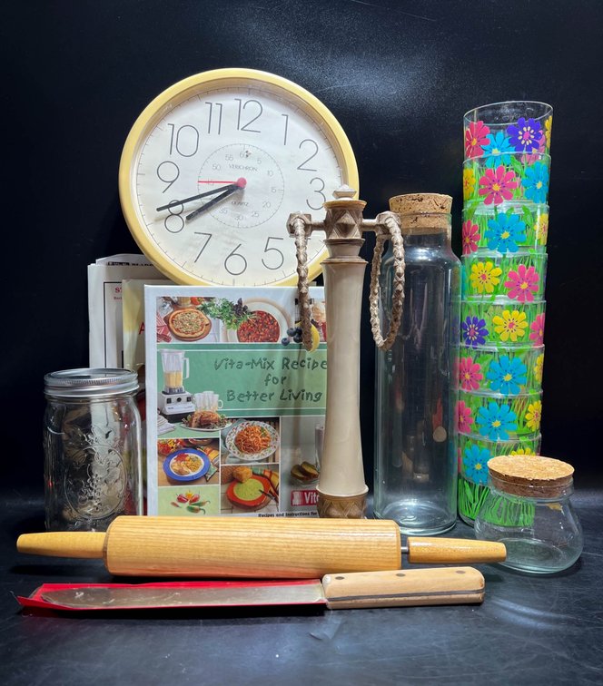 Household Items Including Wall Clock, Glassware, Books, and Kitchenware