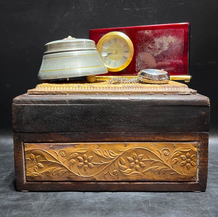 Stuart Austin Clock, Musical Box, Pocket Watch, and Wooden Box