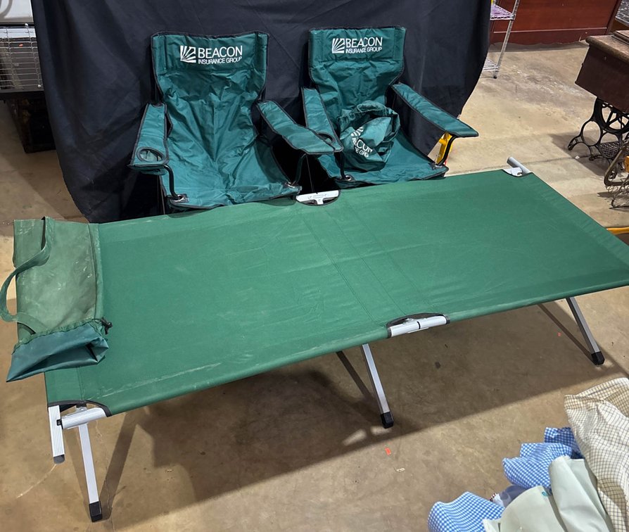 Green Camping Cot with Two Beacon Folding Chairs and Carrying Bags
