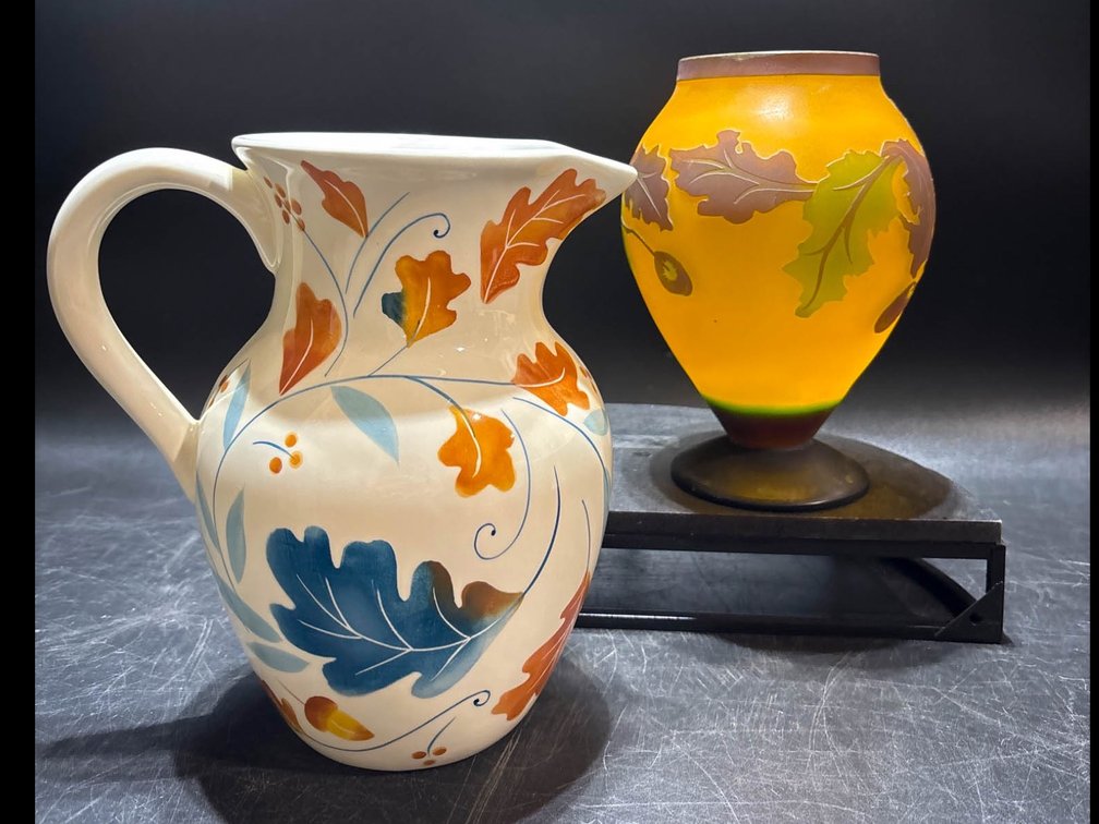 Decorative Ceramic Pitcher and Art Glass Vase with Leaf Motif