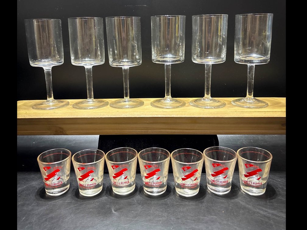6 Wine Glasses and 6 James E Pepper Shot Glasses
