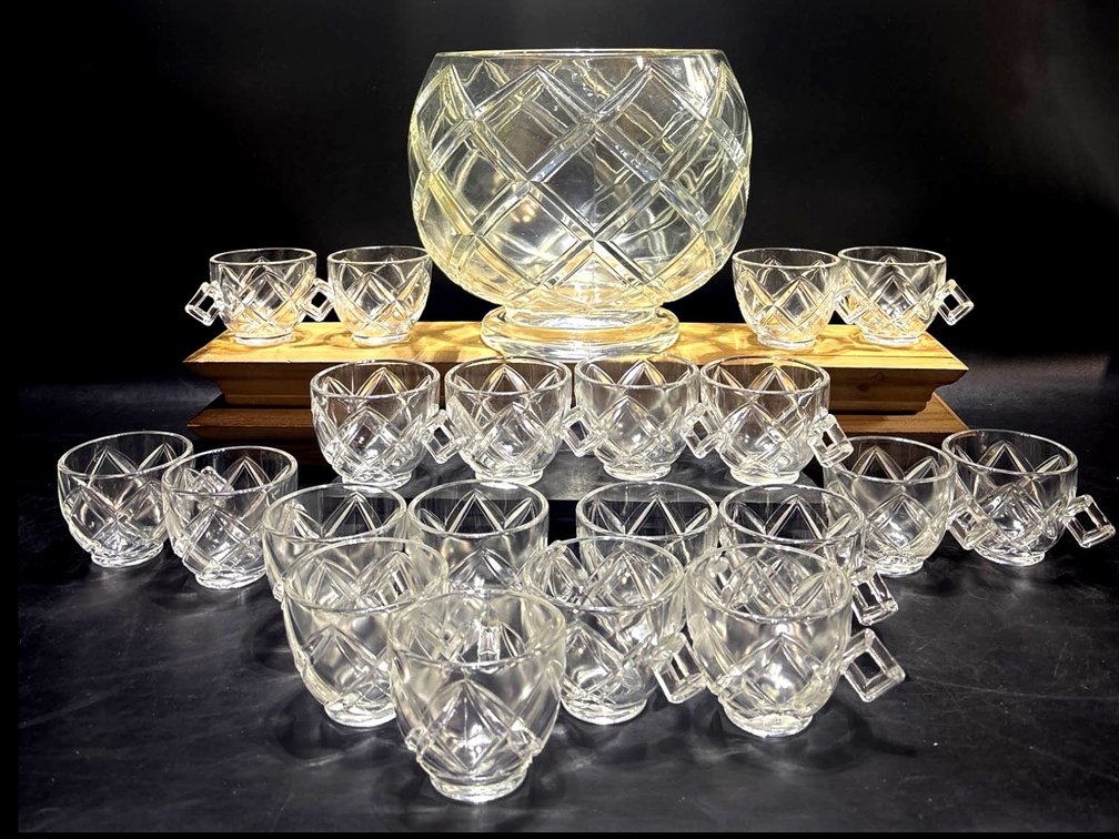 Cut Glass Punch Bowl Set with 20 Cups 
