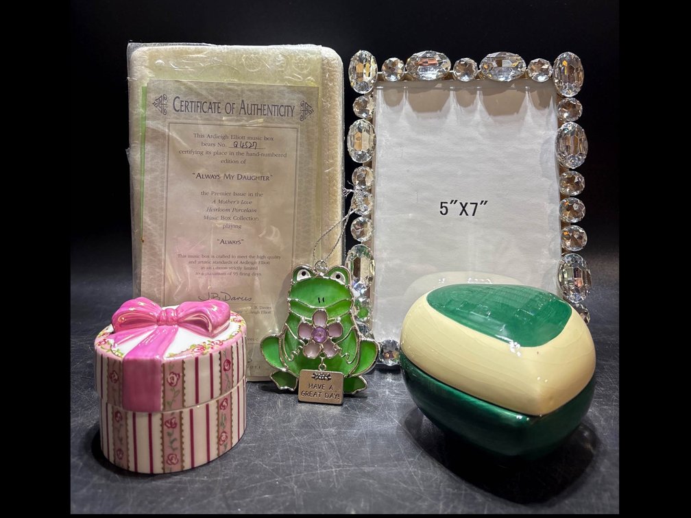 Crystal Frame, Musical Box, Frog Ornament, and Green Dish Set