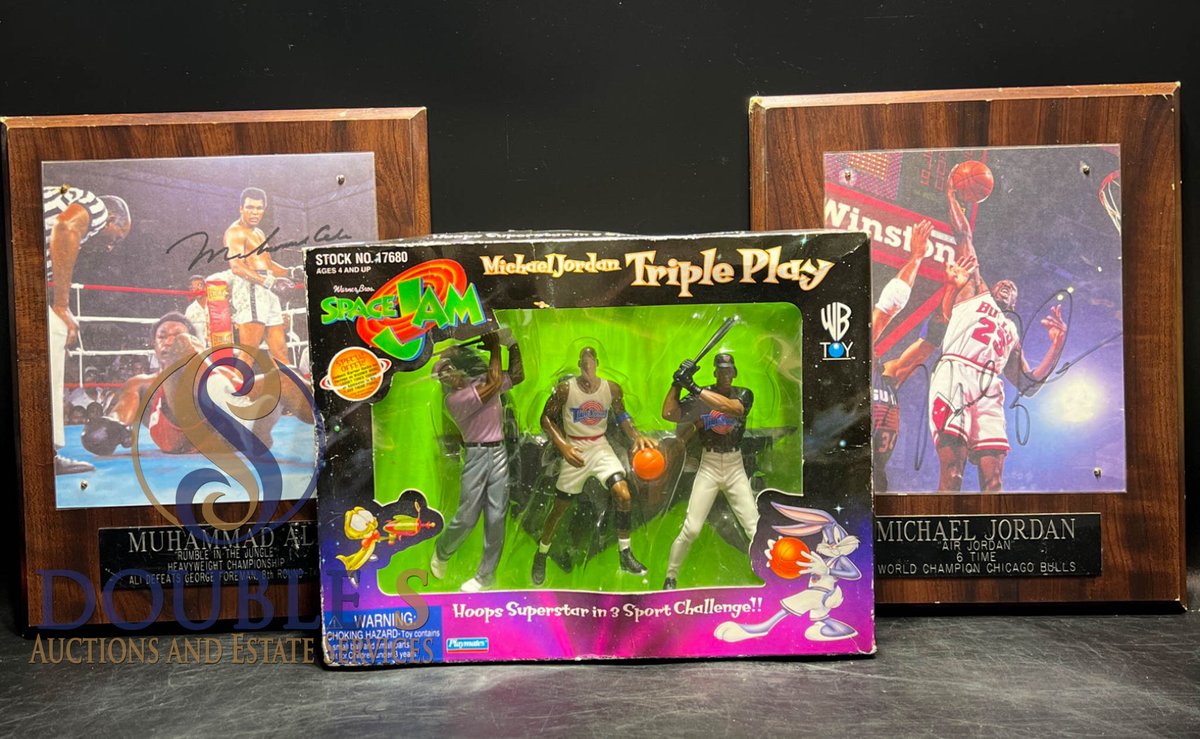 Muhammad Ali and Michael Jordan Limited Edition Signed Plaques with Michael Jordan Triple Play Toy Set