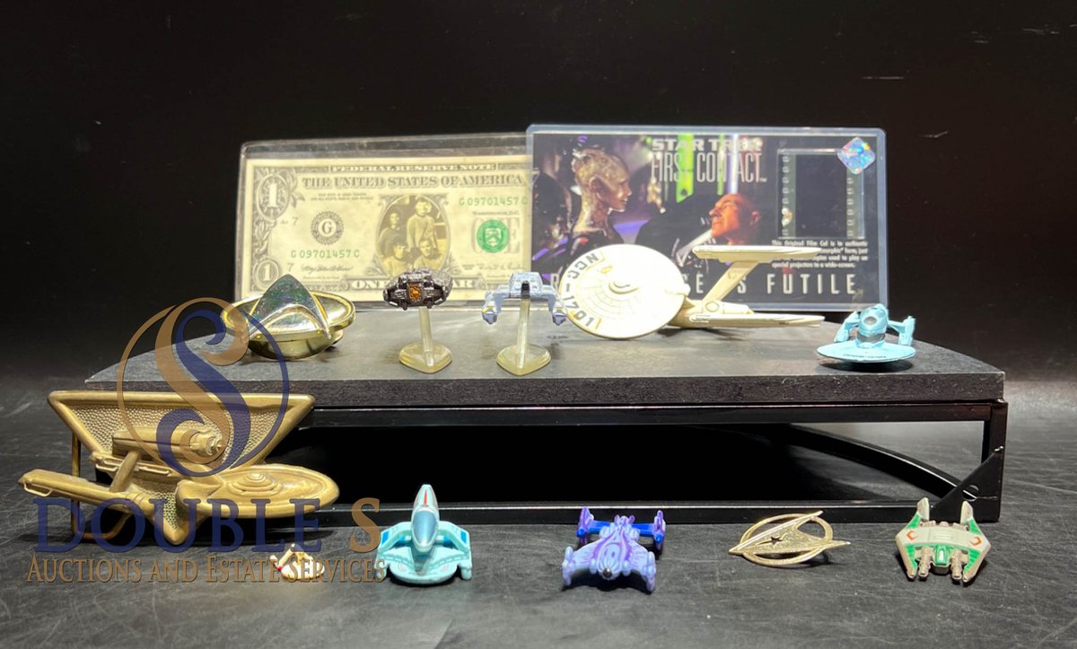 Star Trek Collectibles Lot Including Film Cell, Dollar Bill, Miniature Ships, and Pins