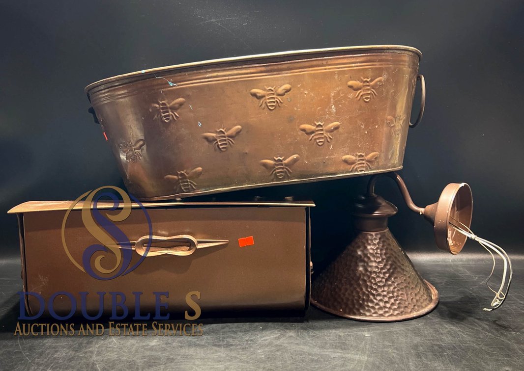 Copper-Colored Items: Decorative Tub, Wall-Mount Box, and Light Fixture