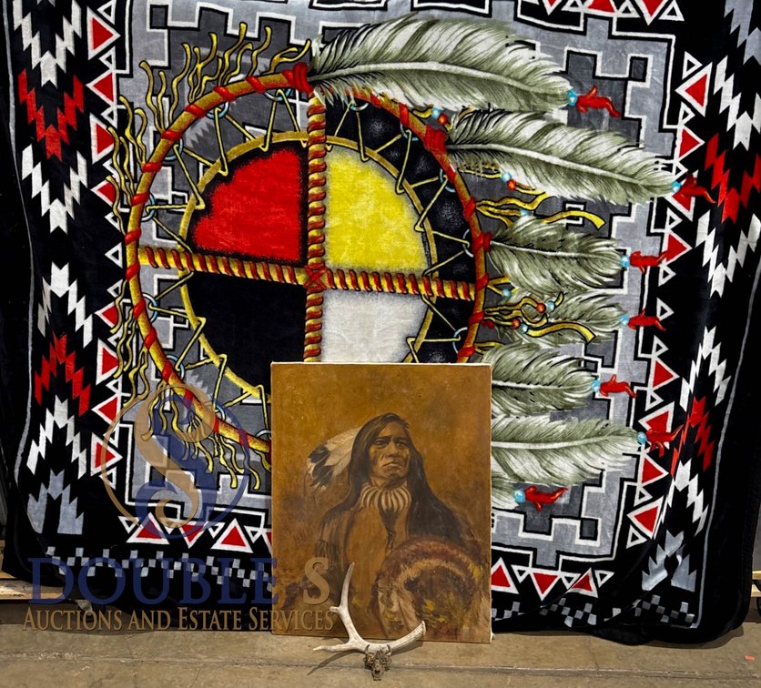 Fleece Indian Chief Blanket With Canvas Painting and Miniature Buffalo Skull Decor