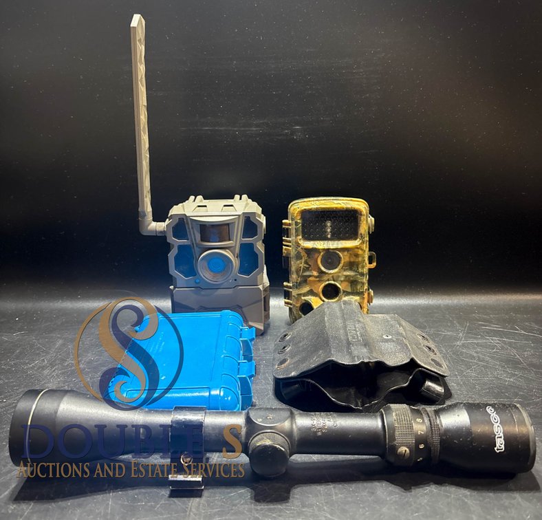 Lot: Cellular Trail Cameras, Rifle Scope, Holster, and Protective Case