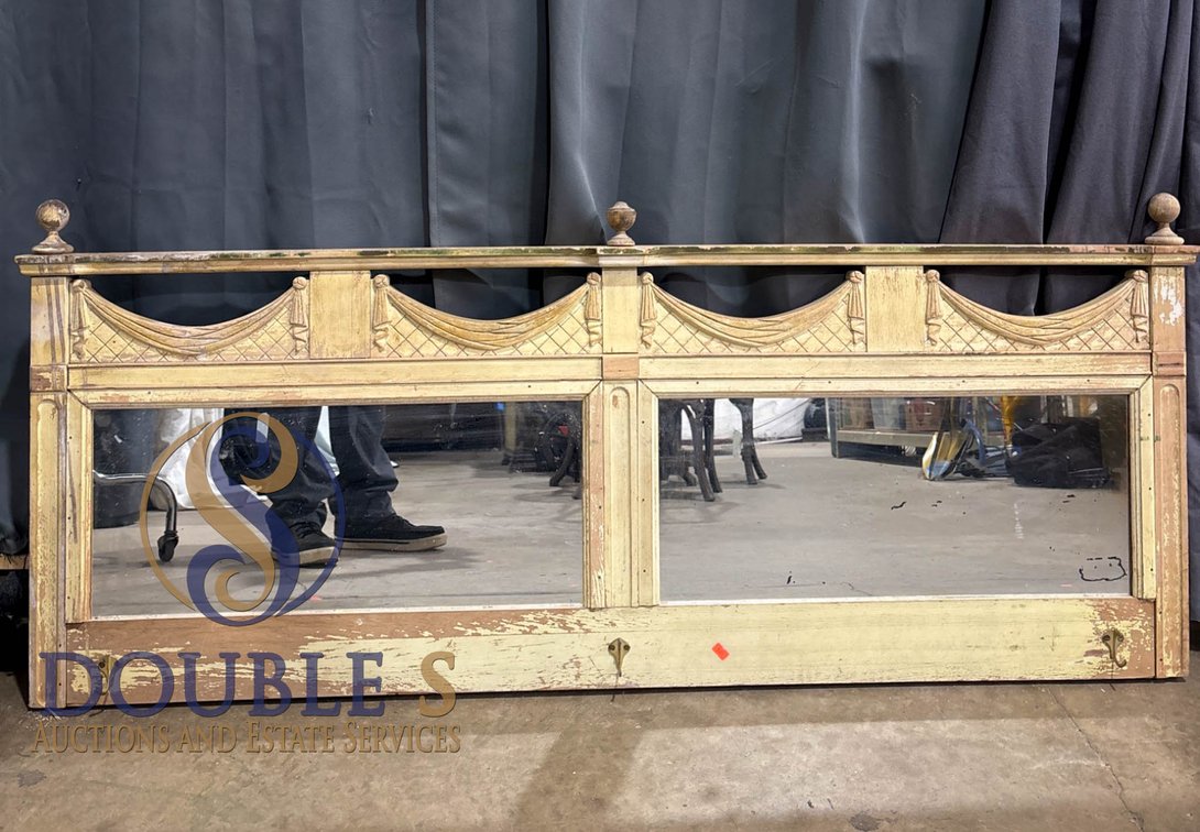 Wooden Overmantel Mirror with Decorative Carvings and Distressed Paint