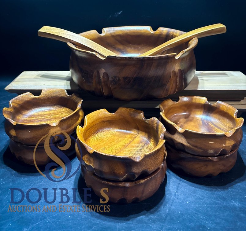 Hand-Carved Wooden Salad Bowl Set with Serving Utensils, 7 Pieces