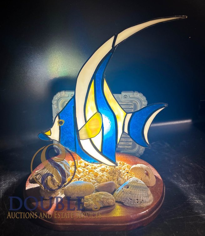 Glass Angelfish Sculpture With Seashell and Pebble Base