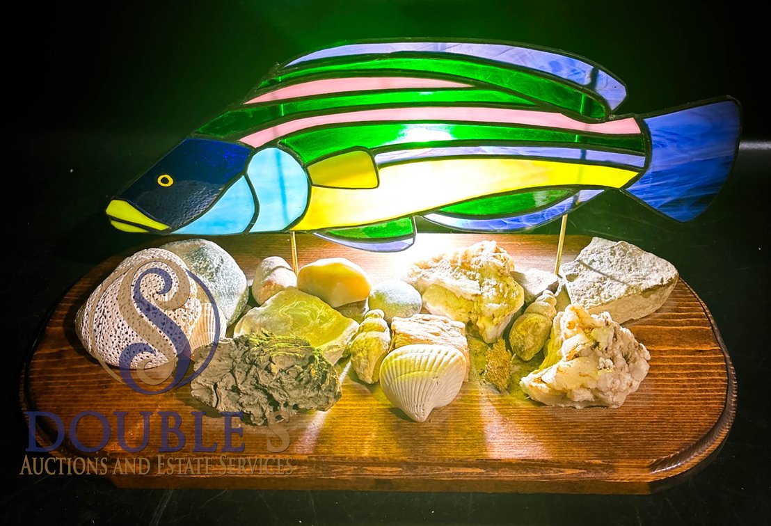 Stained Glass Fish on Wooden Base with Decorative Rocks