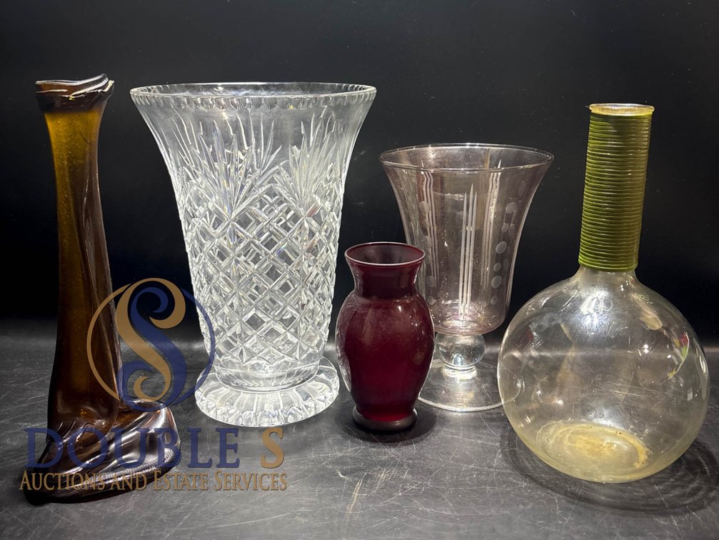 Five Glass and Crystal Vases, Including Poland Crystal