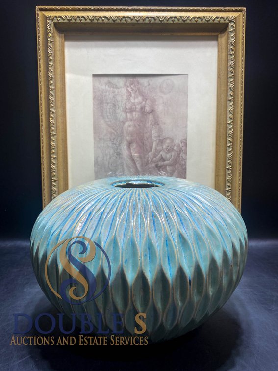 Decorative Blue-Green Ceramic Vase and Framed Sketch Artwork Pair