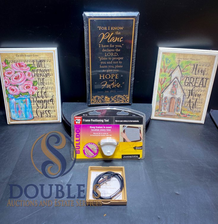 Lot Including Wall Art, Frame Positioning Tool, and Leather Bracelet