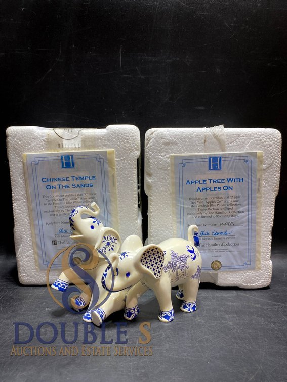 Hamilton Porcelain Blue-and-White Elephant Sculptures with Certificates