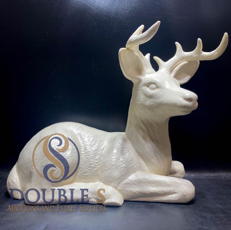 White Ceramic Lying Deer Figurine with Antlers