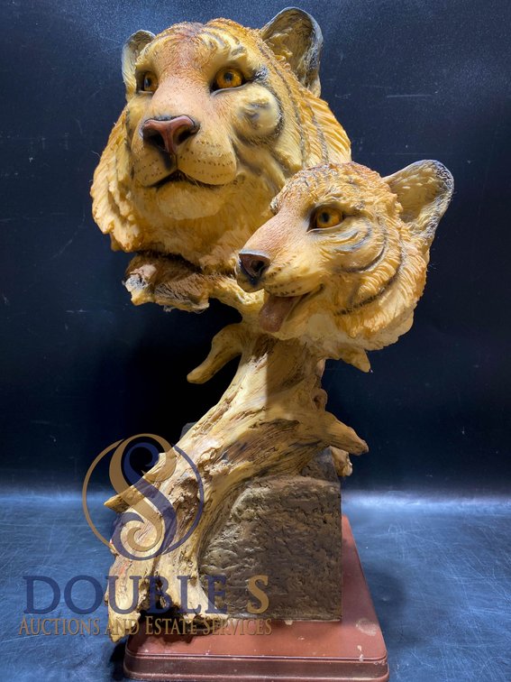 Sculpture Featuring Two Tiger Heads with Detailed Features on Base