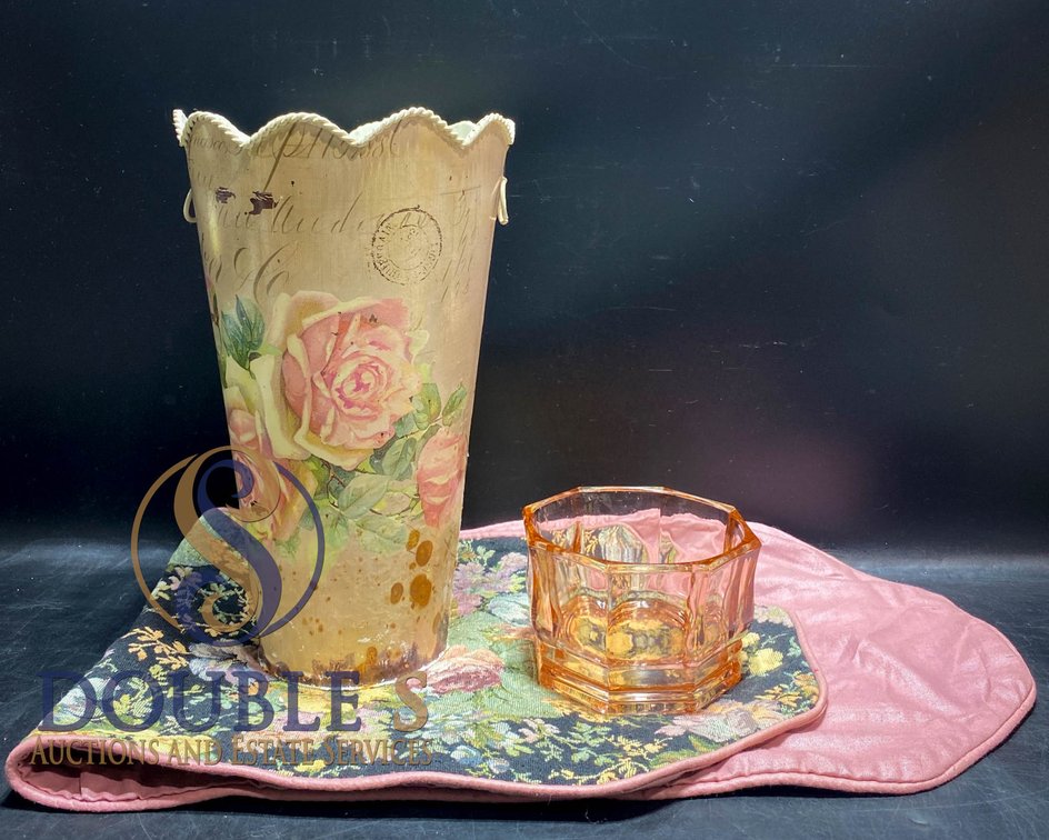 Three Items: Metal Vase with Floral Design, Amber Glass Bowl, and Floral Table Runner