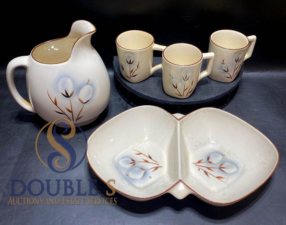 Winfield China Handcrafted Ceramic Pitcher, Cups, and Divided Bowl Set