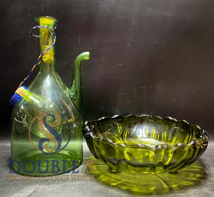 Green Glass Decanter with Stopper and Matching Bowl