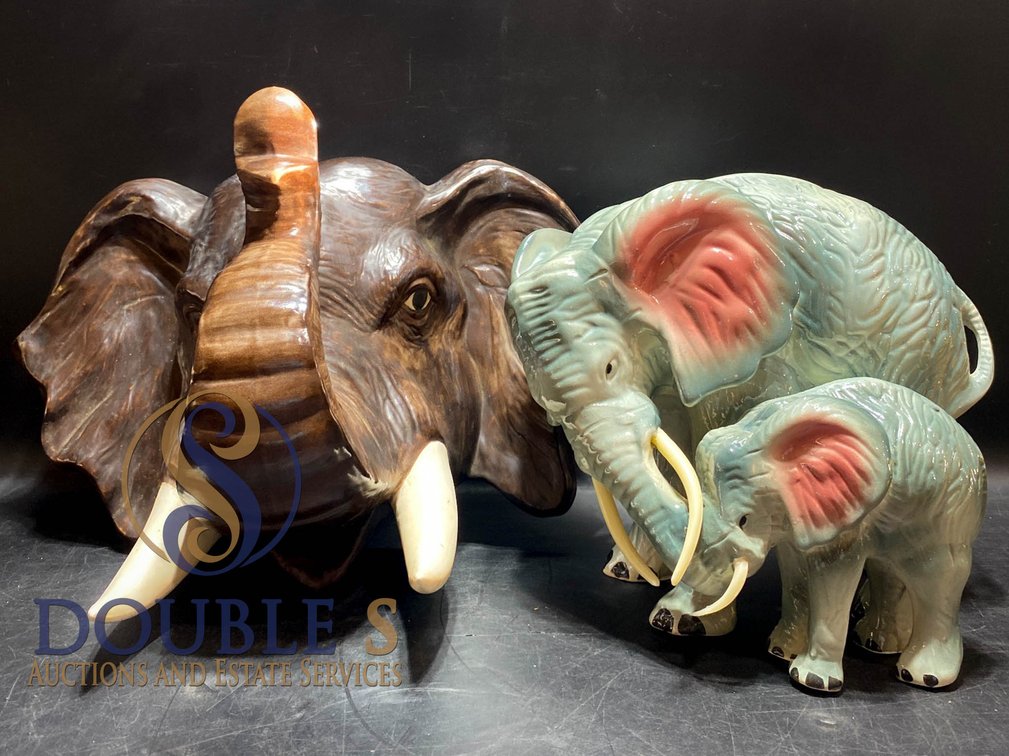 Elephant-Themed Ceramic Wall Plaque and Figurines Set