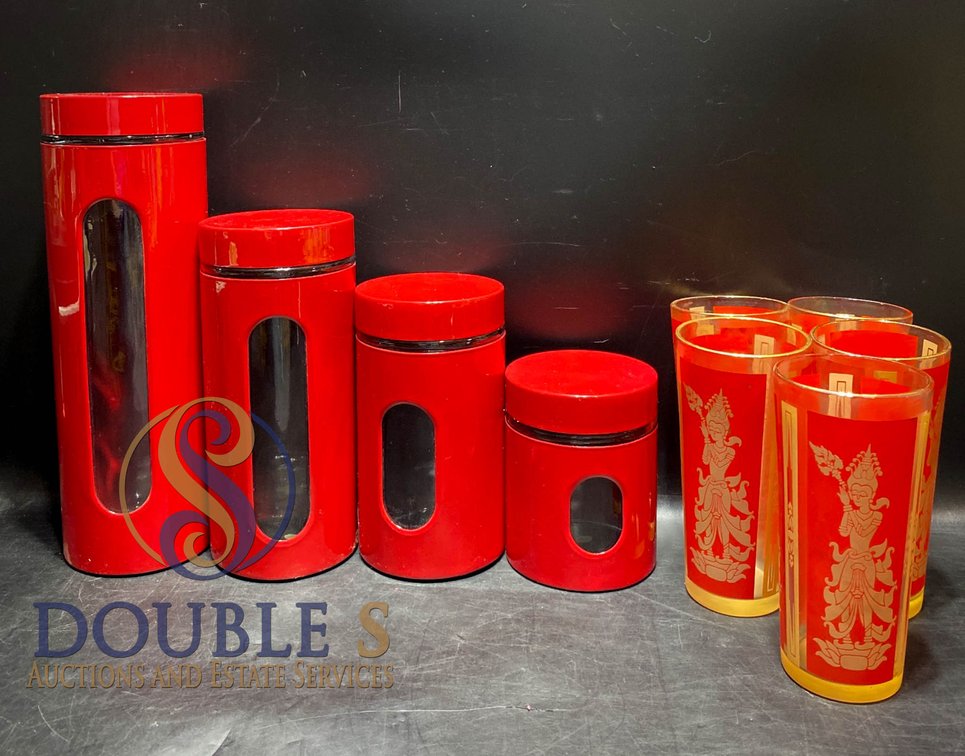 Four Red and Clear Canisters and Six Red Glass Tumblers with Gold Motifs