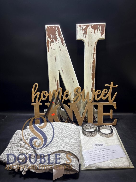 Decorative Items Including Wooden Signs, Blanket, and Metal Accessories