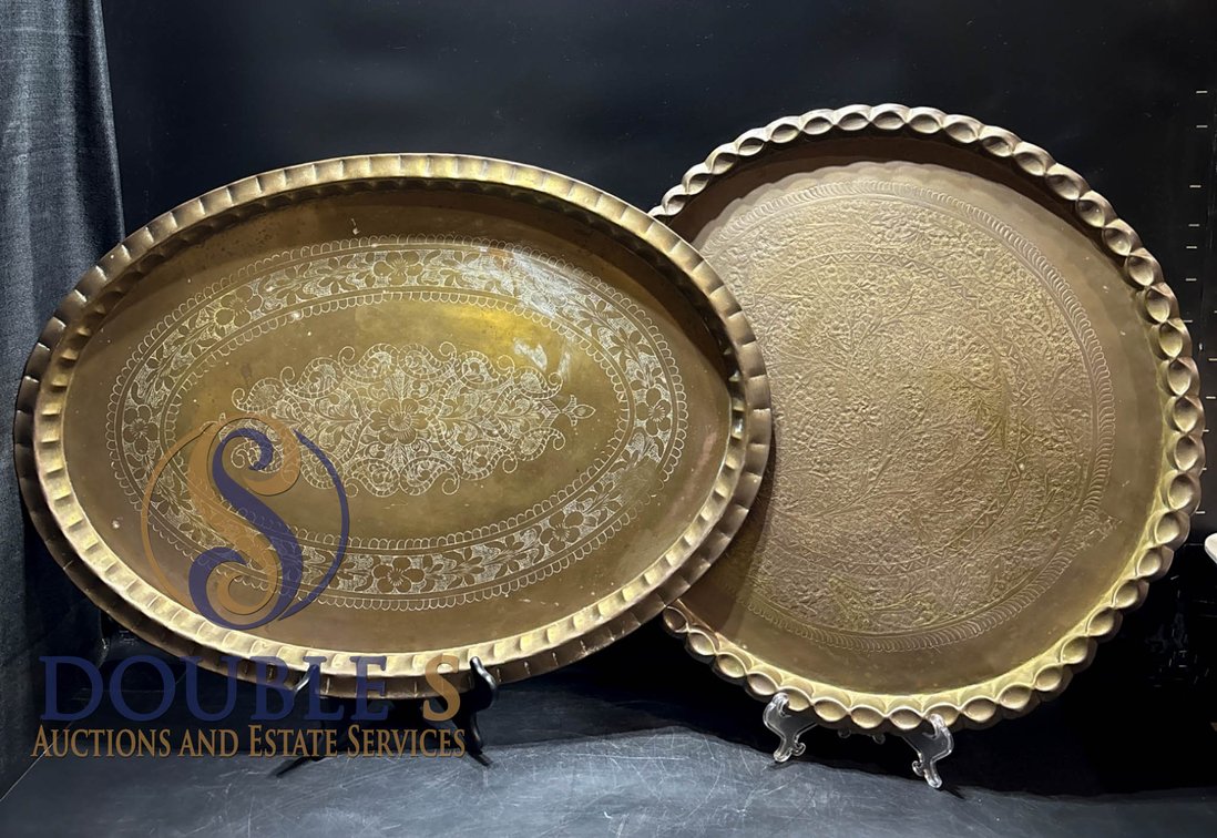 Brass Trays from India, Oval and Circular, Hand-Engraved Designs