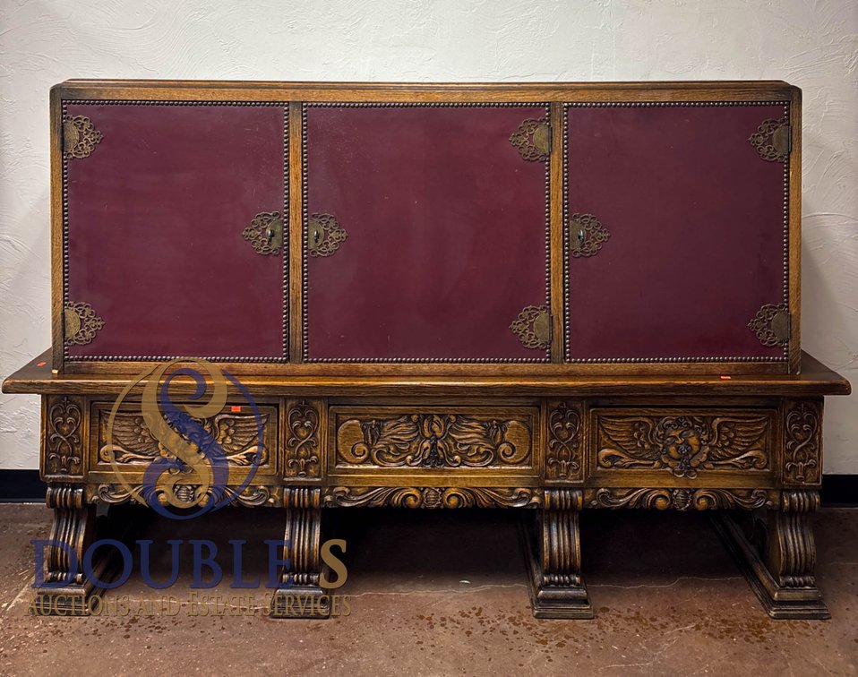 Carved Wood Cabinet with Red Panel Doors