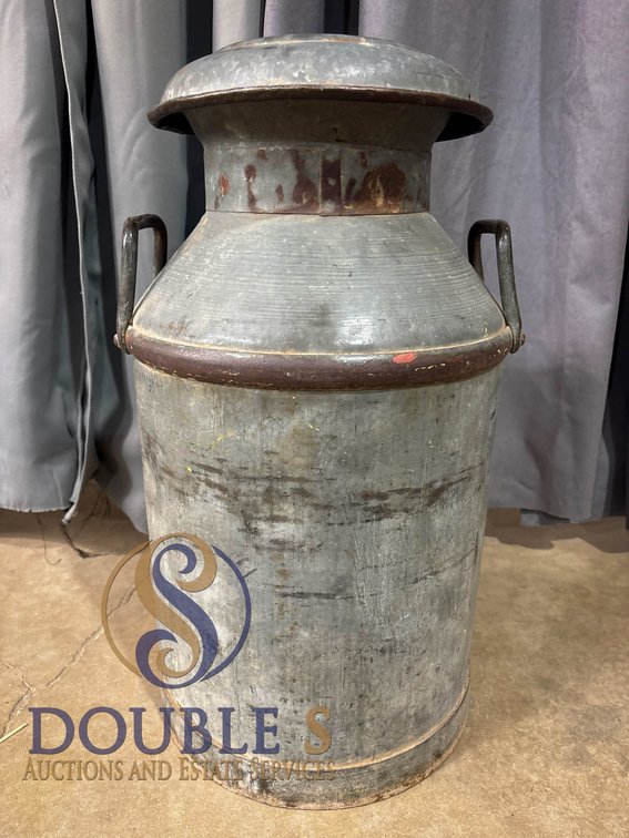 Galvanized Metal Milk Can with Lid and Handles, D=13”, H=24”