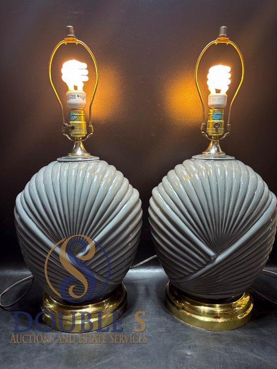 Gray Ceramic Table Lamps With Brass Bases and Harps