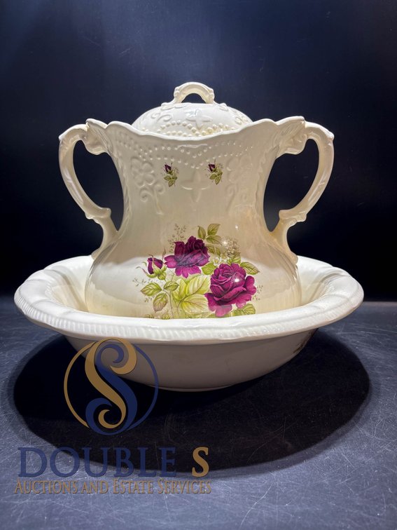 Porcelain Wash Basin and Pitcher Set with Floral Decoration